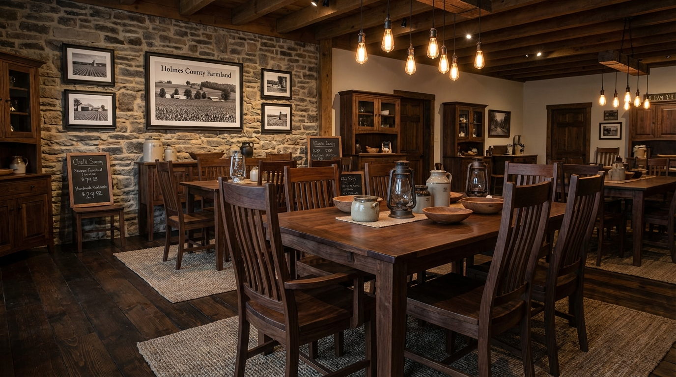Amish furniture showroom in Ohio with solid wood dining tables and chairs on display